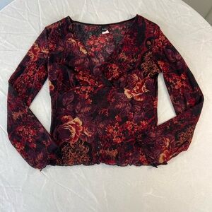 Studio Y Floral Mesh Long Sleeve Top Sheer Stretch Fitted Y2K Style